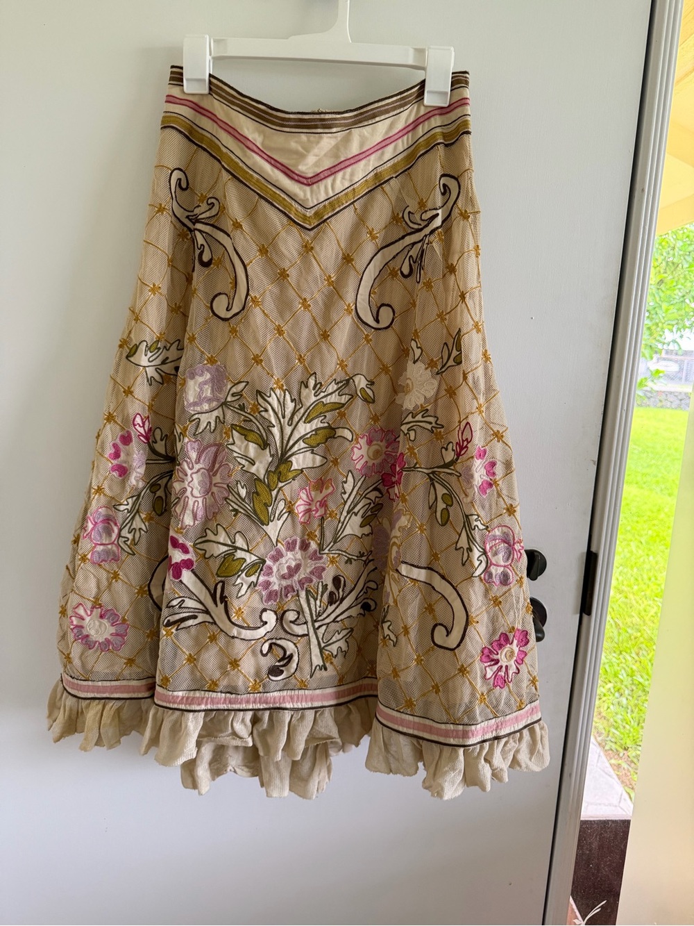 Peruvian Connection cotton silk embroidered midi skirt floral boho whimsy